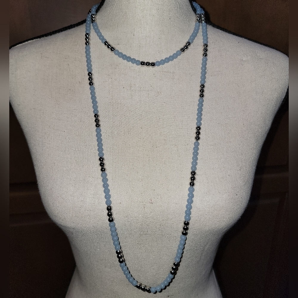 2 Vintage Signed Trifari Blue Silver Tone Beaded Necklaces Layering Set